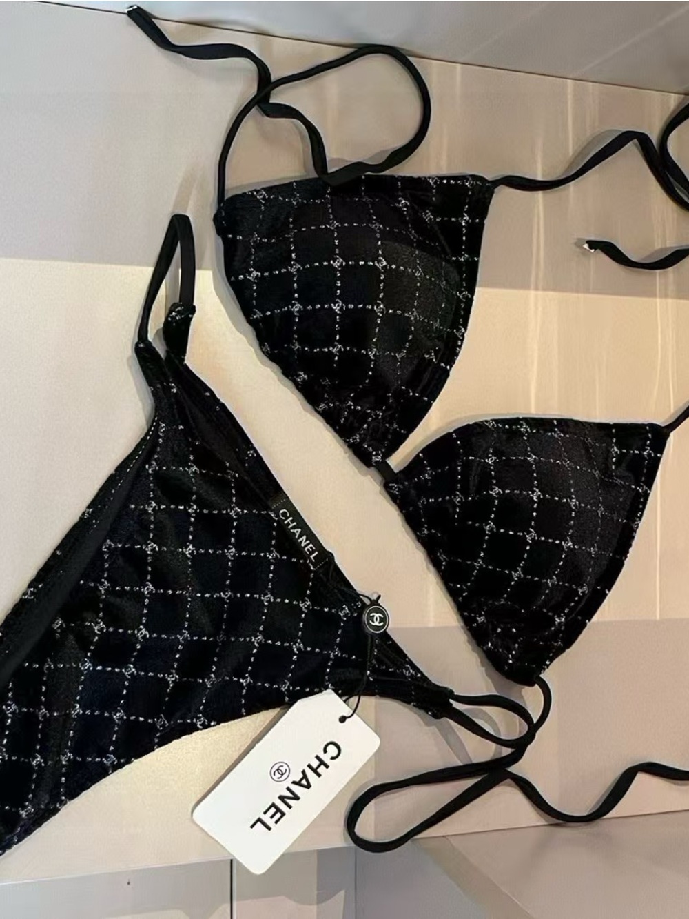 Black Quilted-Pattern Triangle Bikini